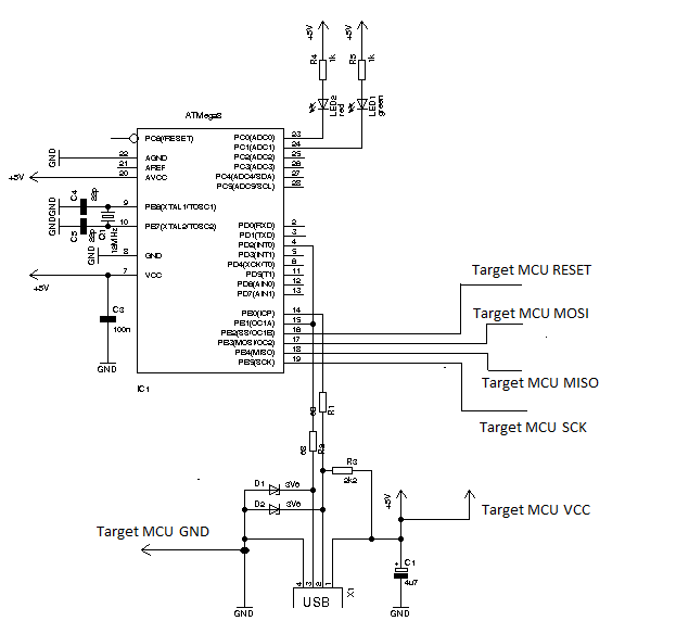 USB program loader for AVR microcontroller – Circuit Schematic