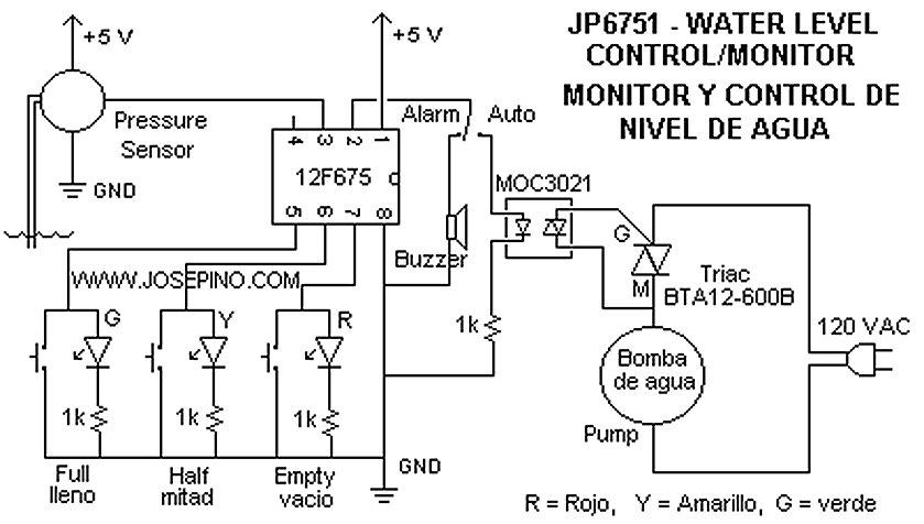 Water Level control and monitor with  PIC12F675 – Circuit Schematic