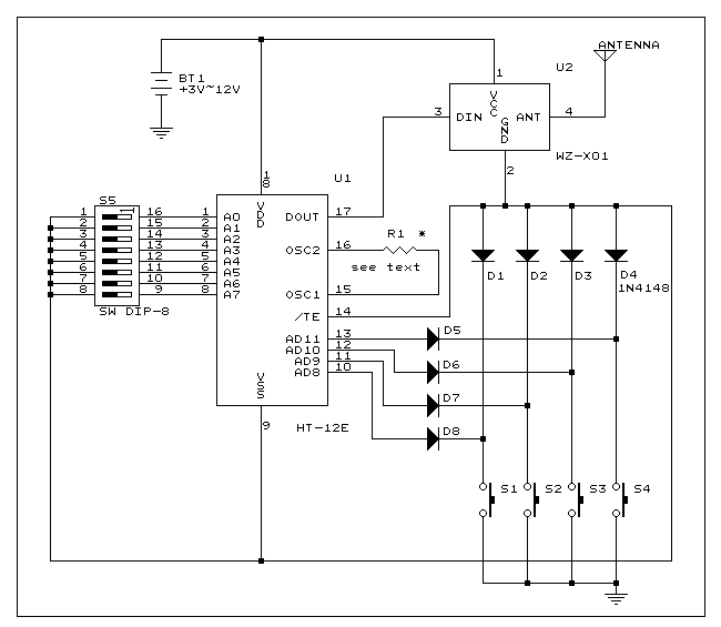 Four channel RF remote control circuit