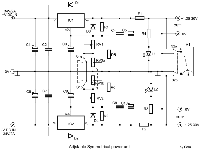 Adjustable Symmetrical Power Supply  125 until 30V 1A circuit