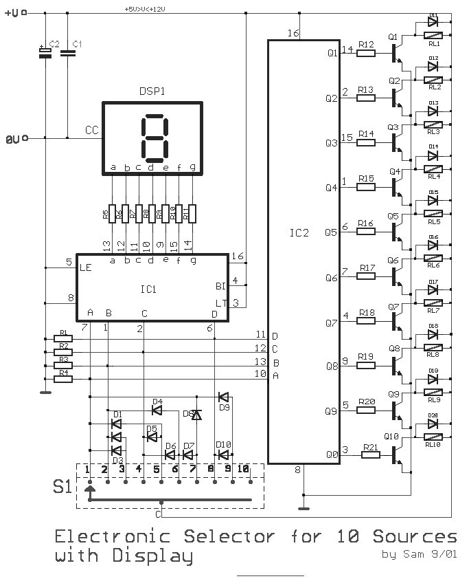Electronic Selector for 10 sources with Display-Relay Drive
