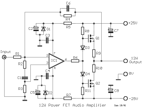 FET 12W Audio Power Amplifier circuit