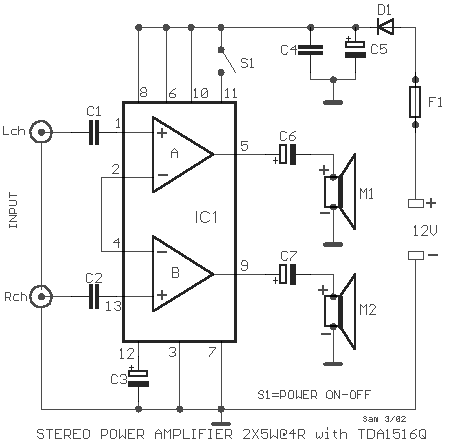 Power amplifier 2X5W with TDA1516Q circuit