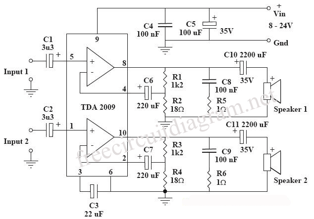 10 Watt Stereo Amplifier Circuit Using TDA2009A – Circuit Schematic