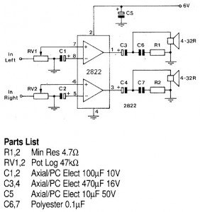 1W Stereo Headphone Amplifier based TDA2822 circuit diagram – Circuit Schematic