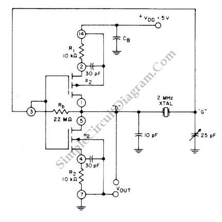 Cmos Pair 2-Mhz Crystal Oscillator – Circuit Schematic