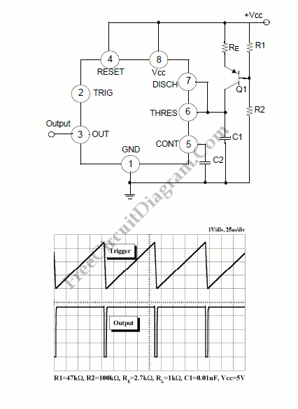 555 IC Linear Ramp (Sawtooth) Generator/Oscillator – Circuit Schematic
