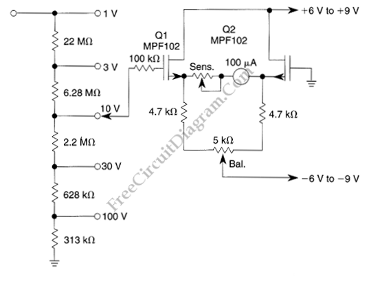 Low-Drift High-Impedance JFET DC Voltmeter circuit