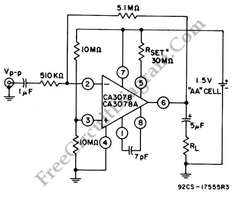 Single Cell Battery 15V 20dB Inverting Amplifier circuit