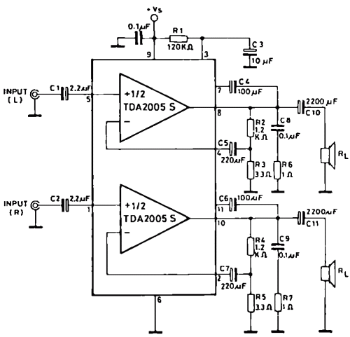 Power audio amplifier schematics with Tda2005 circuit