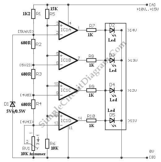 Voltmeter With LED For Car Battery circuit