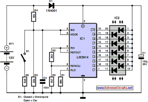 Car and Motorcycle Battery Tester circuit