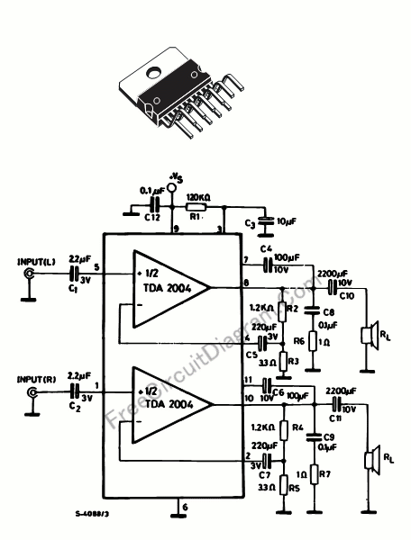 20 Watts Car Stereo Amplifier Using TDA2004 – Circuit Schematic