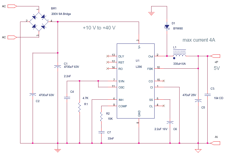 Digital 5V Power Supply using L296 – Circuit Schematic