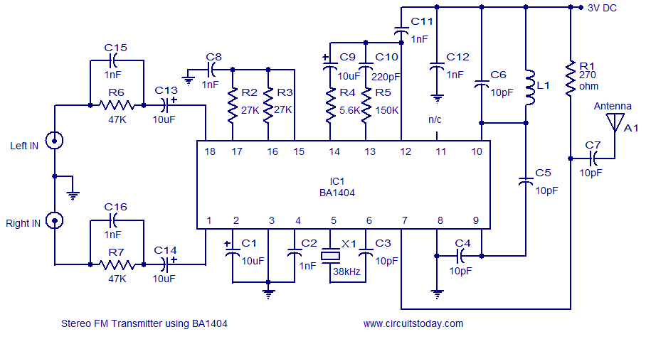 Stereo FM transmitter using BA1404 circuit