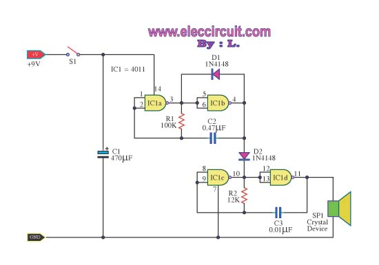 Resonance generators by 4011 CMOS Gate – Circuit Schematic