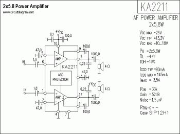 2 x 58W Stereo Power Amplifier with KA2211 circuit diagram circuit