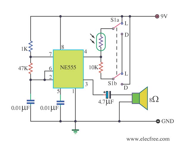 Light Dark Detector Alarm by IC 555 circuit