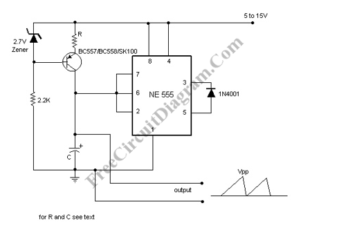 Sawtooth Wave Oscillator Using 555 IC – Circuit Schematic