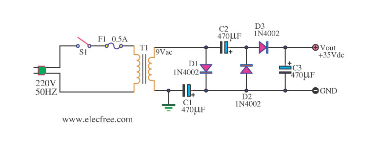 Simple AC to DC converter 9VAC to 35VDC circuit