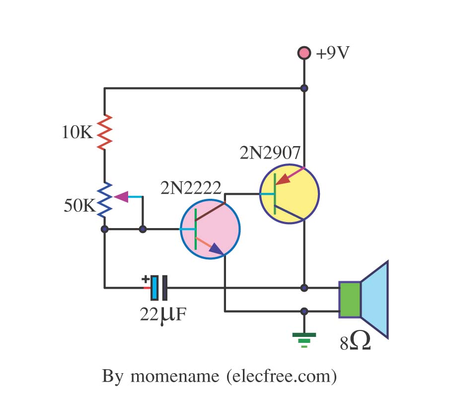 Simple Tone Oscillator Generator by 2N2222 – Circuit Schematic