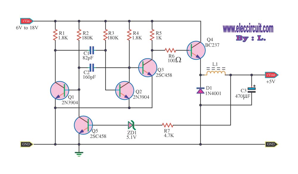 Step down voltage converter 5v with transistor BC337 circuit