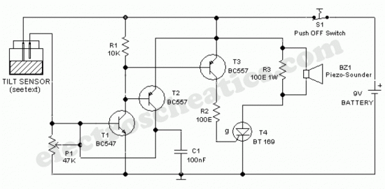 Tilt Sensor Alarm Circuit – Circuit Schematic