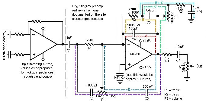 Understanding the Music Man Stingray 2-band preamp circuit