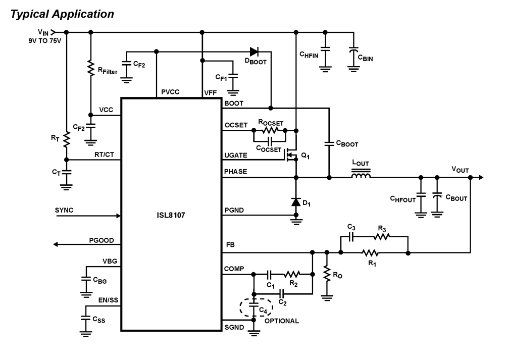 ISL8107 Single-Phase Pulse-Width Modulation PWM Controller with Wide 9V-75V V circuit
