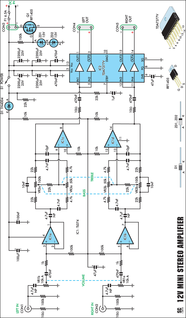 Compact High-Performance 12V 20W Stereo Amplifier circuit