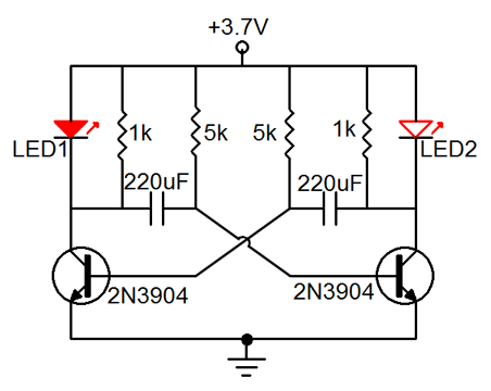 Astable multivibrator-2 LED flashing circuit2N390437V circuit