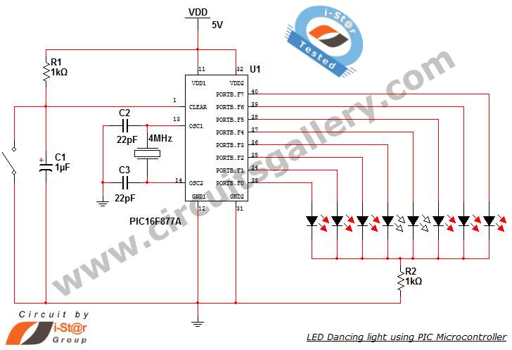 dancing light using pic microcontroller circuit
