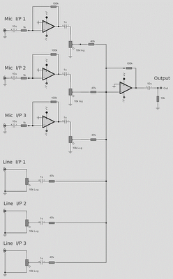 op amp 6 line audio mixer circuit