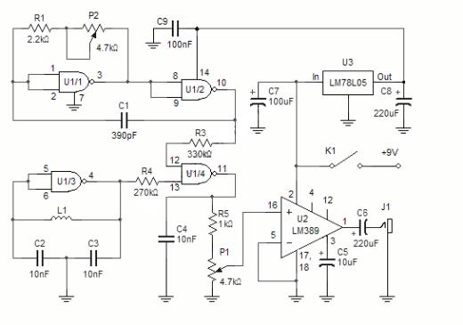 metal detector using beat frequency – Circuit Schematic