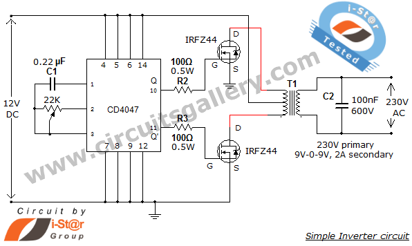 Simple low power Inverter Circuit 12V DC to 230V or 110V AC diagram using CD4047 and IRFZ44 power MOSFET circuit