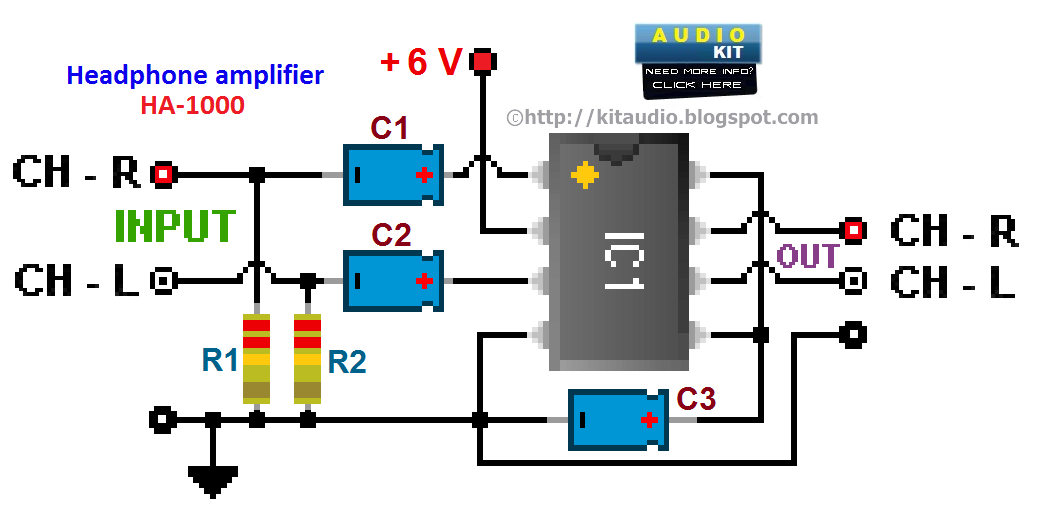 low cost audio headphone amplifier – Circuit Schematic