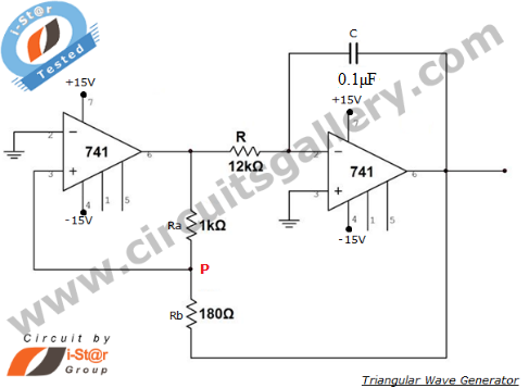 Triangular wave generator using Op Amp 741 circuit working and simulated output waveform circuit