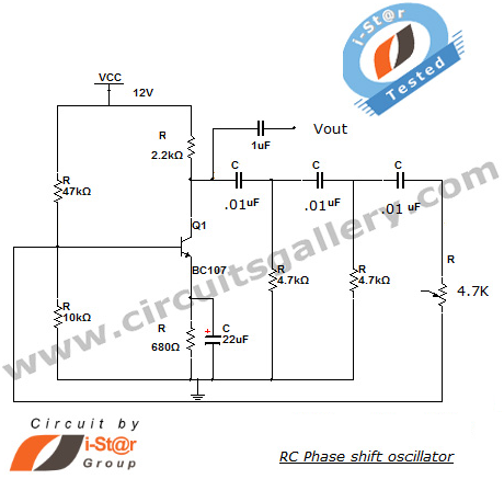 RC Phase Shift Oscillator Using Transistor BJT Circuit  Working circuit
