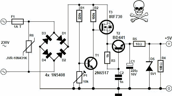 Simple Transformerless 5 Volt Power Supply circuit