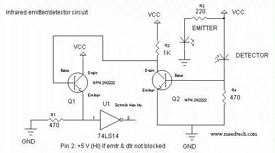 infrared emitter and detector using ic 74ls14 circuit