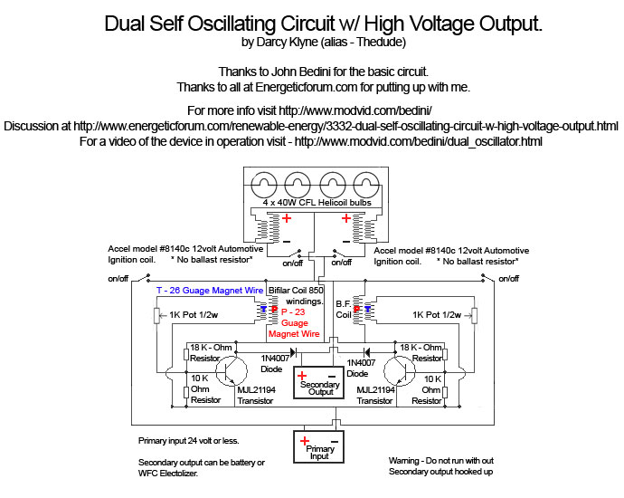 Bedini Self Oscillator High Voltage Output circuit
