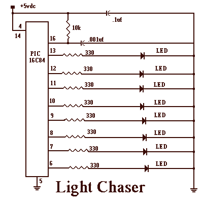 PIC Light Chaser with PIC16C84 – Circuit Schematic