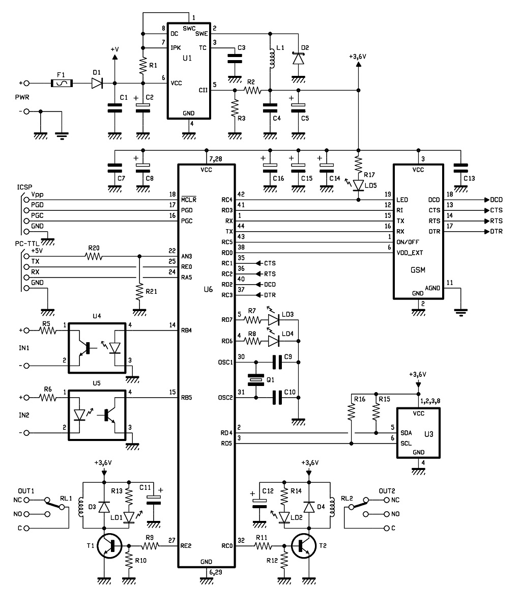 GSM Remote Control 2 IN and 2 OUT Part 2 Schematic circuit