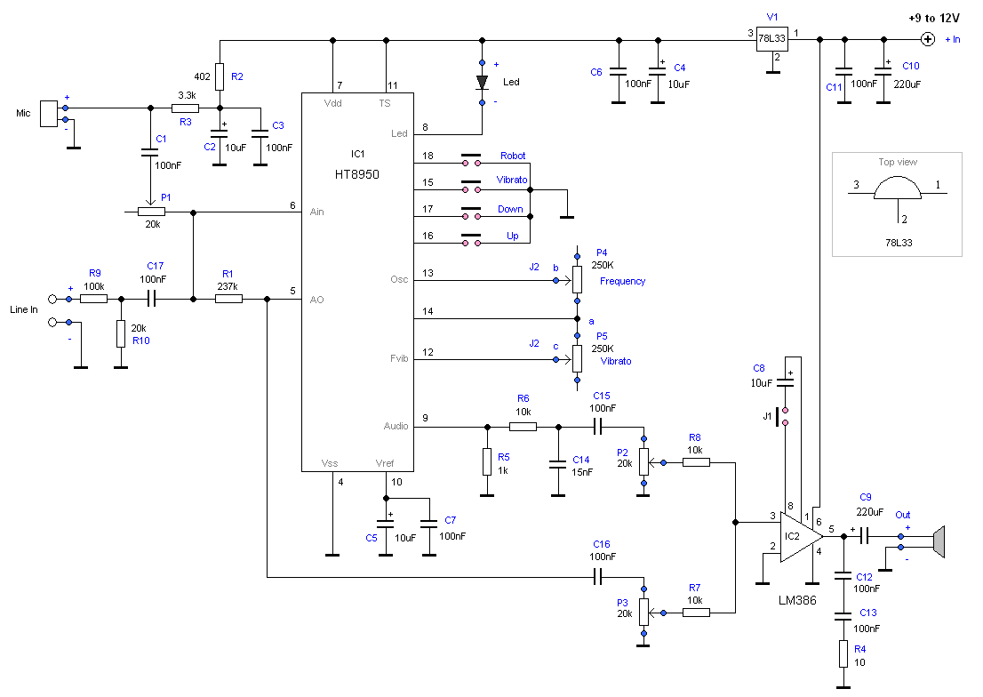 Robot Voice Generator IC HT8950 – Circuit Schematic