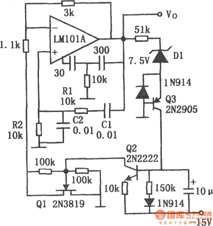 Wien bridge sine wave oscillator circuit composed of LM101A circuit