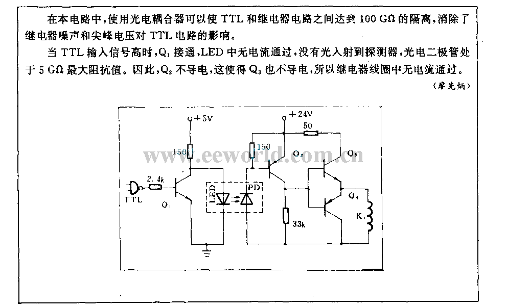 Photoelectric isolation circuit between TTL circuit and relay circuit