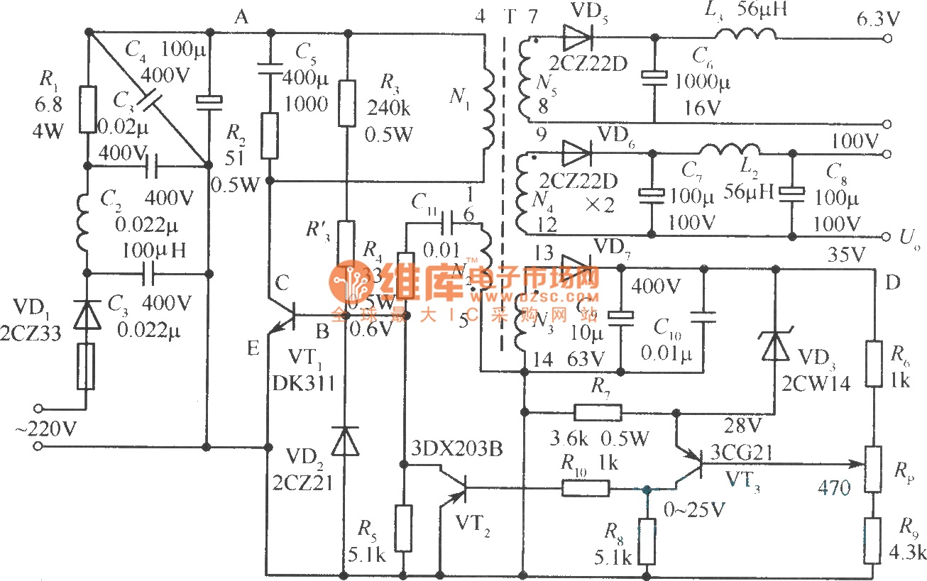 Output sampling winding isolated switching power supply circuit