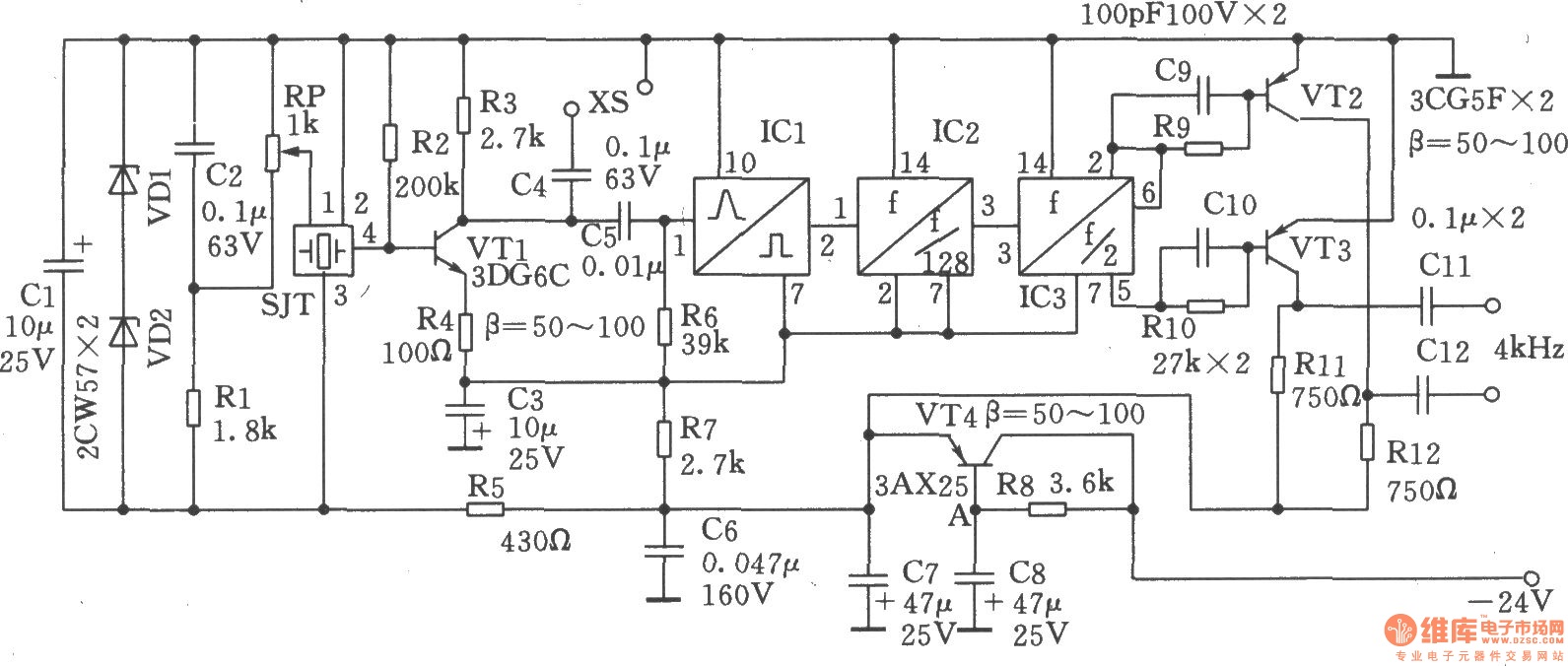 1024kHz and 4kHz square-wave output circuit