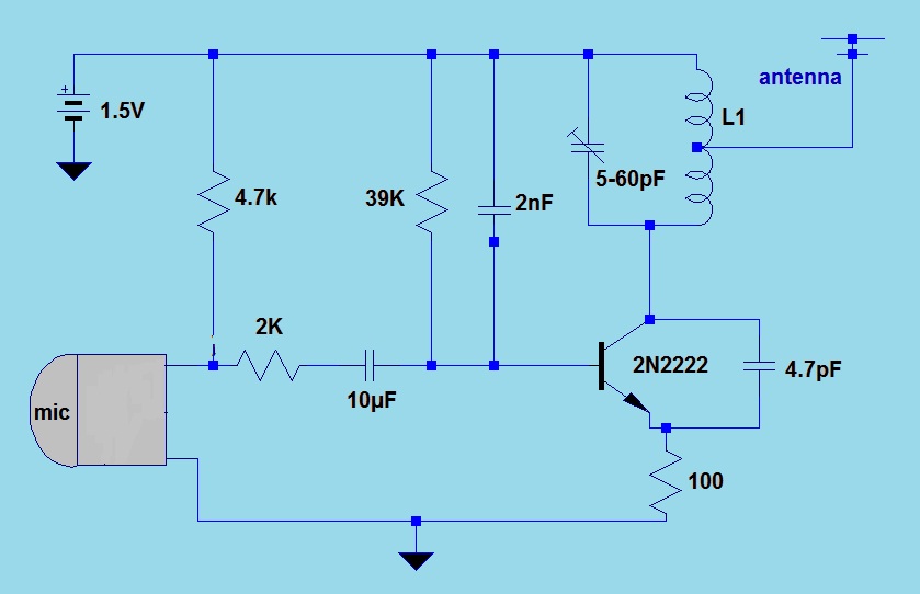 Simple FM transmitter powered by 15V battery circuit