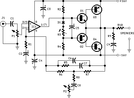 10w audio amplifier with bass circuit